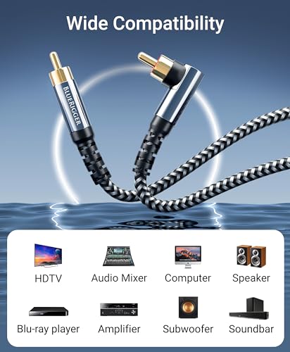 BlueRigger Subwoofer Cable 90 Degree (15FT, RCA Audio, Dual Shielded, Gold Plated 90°Male RCA to RCA Connectors) – for Subwoofer, Amplifier, Home Theater