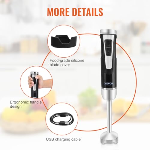 Image of VEVOR Hand Blender, 8 Variable Speeds Immersion Blender, Stainless Steel Handheld Blender Powerful Motor Hand Mixer, USB Charging Cable Multi-purpose Easy Control Grip Stick Mixer