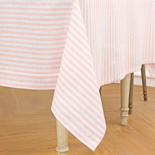 Solino Home 100% Pure Linen Tablecloth, 60 x 144 in, Coral and White Stripe by Solino Home - Used condition - Image 3