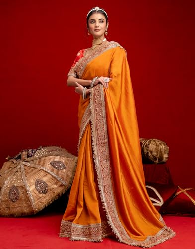 Image of SIRIL Women's Vichitra Silk Sequins Embroidery Lace Saree With Unstitched Blouse Piece