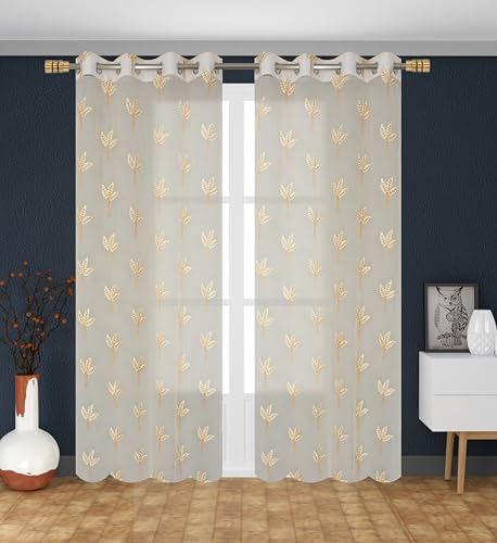 Image of littlelotus Leaf Pattern Embroidery Tissue Net Sheer Transparent Curtains for Door 7 feet Long Set of 2, Cream