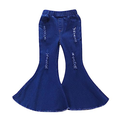 Kids Toddler Baby Girl Slim Bell Bottom Ripped Jeans Flare Pants Elastic Waist Raw Hem Denim Pants Fall Outfits