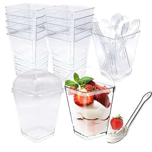 BonTiady 30 Stück Dessertbechern mit Deckel und Löffeln, 160 ml Quadratisches Dessertbecher-Set, Wiederverwendbare Dessertbecher , Kunststoff für Mousse, Pudding, Eis, Buffet, Dessertparty Cover