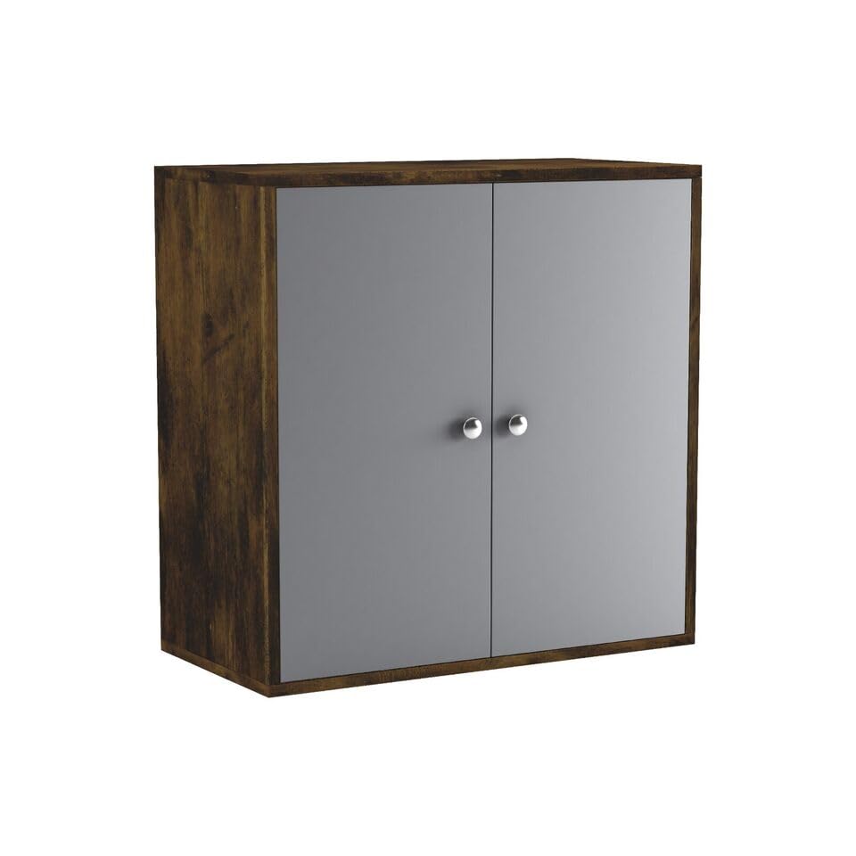 URBNLIVING 2 Tier Wooden Storage Cabinet Cupboard with Shelves Optional Doors Bedroom Bedside Unit Living Room Hallway Furniture (Rustic Brown & Grey Door)