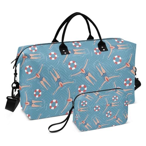 Travel Gym Bag, Summer Swim Pattern Weekender Overnight Duffle for Women with Toiletry Bag Travel Swim