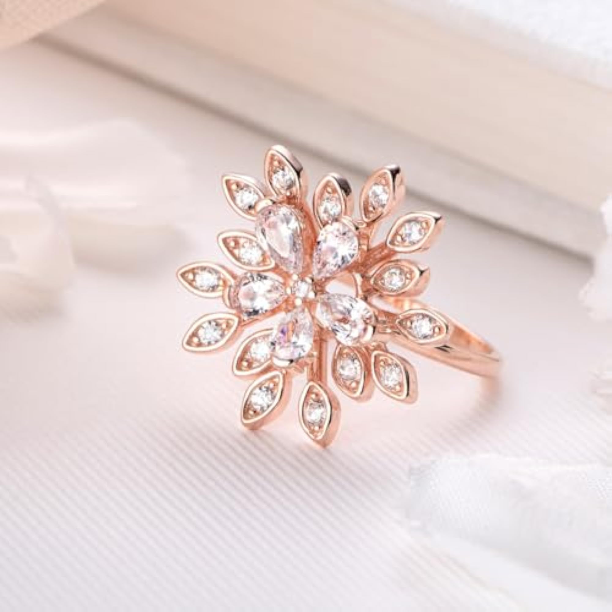 Women's 925 Sterling Silver Floral Studded Rose Plated Ring