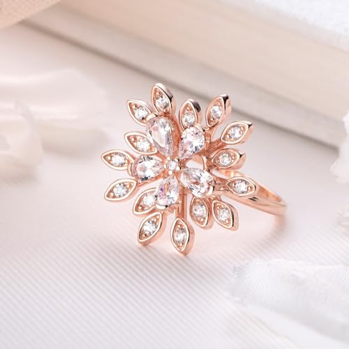 Women's 925 Sterling Silver Floral Studded Rose Plated Ring