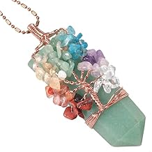 TUMBEELLUWA 7 Chakra Tree Pendant Necklace for Unisex, Copper Wire Wrapped 6-faceted Crystal Stone Point Pendant Amulet for Reiki Healing