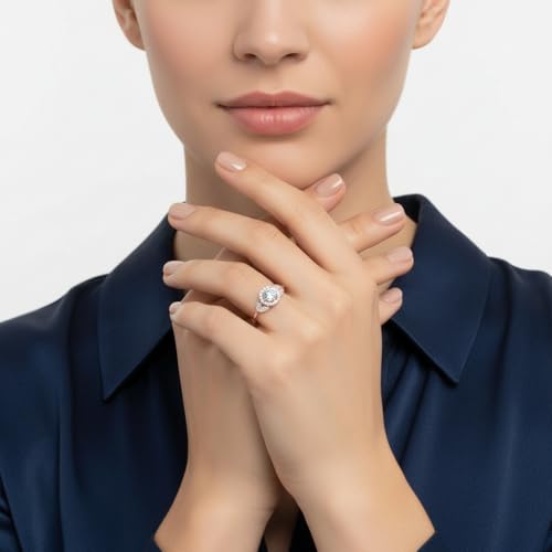 Image of Rose Gold Plated Diamond CZ & Blue Sapphire Petal Halo Engagement Ring for Women, Petite Round Shape Wedding & Everyday Jewelry, Handmade Gift for Wife US Size 4-12