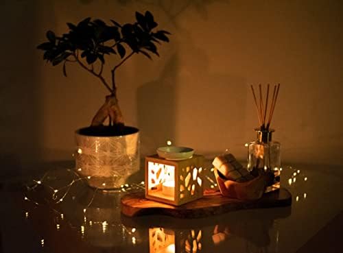 La Madera Bamboo Wooden Oil Burner Wax Melt Burner Oil Diffuser with Ceramic Candle Holder and 10 ml Bottle of 100% Pure Sandalwood Oil (White)