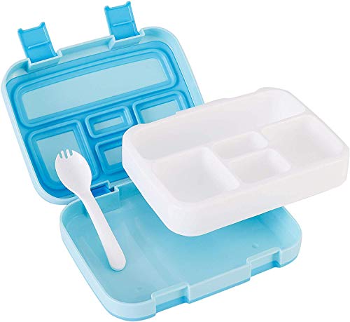 Kids Bento Lunch Box with Spork - Removable Microwave and Dishwasher Friendly Tray - Durable Leak-Proof with Toddler-Friendly Latches for Easy Access - 5 Compartments for On the Go Meal Snack Packing