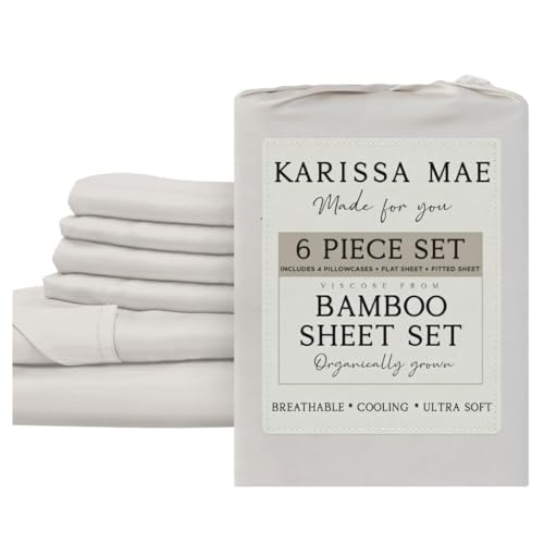 Image of KARISSA MAE 6 Piece Luxury Bamboo Viscose Cal King Sheet Set, 4 Pillowcases | FSC Certified | Cooling | Ultra Soft | 18 inch Deep Pockets | Elastic Corner Straps | Includes Organizer Band [Cream]
