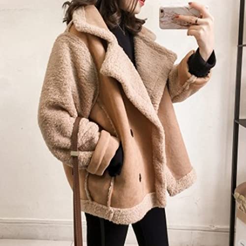 Huankd Women's Fur Jackets, Petite Coat Women's Fur Jackets Casual Puffer Jacket Women, Women's Casual Comfortable Short Lambswool Biker Jacket Women's Trench Coats Warm (L, Khaki) #TOP1