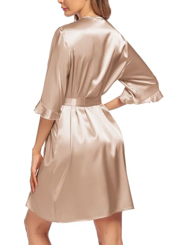 Image of Ekouaer Women's Satin Robe Valentines Lingerie for Women Kimono Bathrobe Short Ruffle Belted Robes Bridesmaids Sleepwear