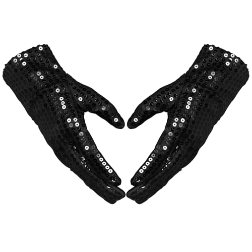 DIVINA VITAE 1 Pairs Black Sequin Gloves Glitter Rhinestone Gloves Women Fashion Sparkly Sequin Dance Glove Classic Masquerade Short Glove Halloween Cosplay Dress up Mitten Costume Mitten for Adults