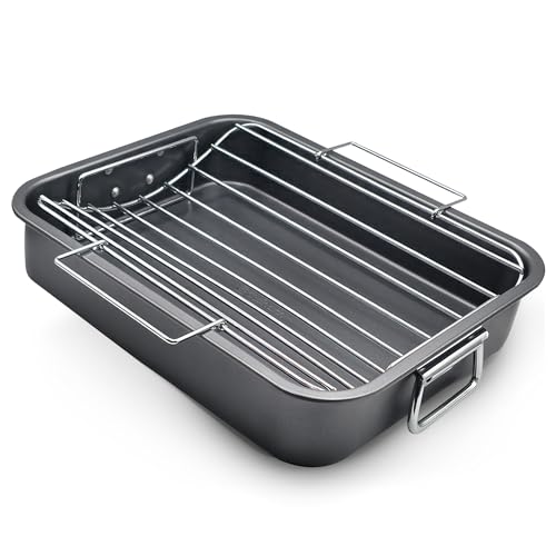 Image of Large Roasting Pan With Rack 12” x 16” - Non Stick Large Roaster Pan and V-Rack With Foldable Handles - Roasting Pans for Ovens to Elevate Food for Even Heating - Dishwasher Safe Turkey Roast Pot