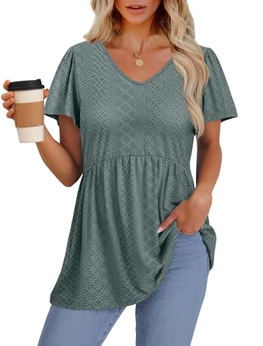 Image of OFEEFAN Womens Summer Tops Babydoll Short Sleeve Shirts Puff Sleeve Peplum Tops V Neck T Shirts