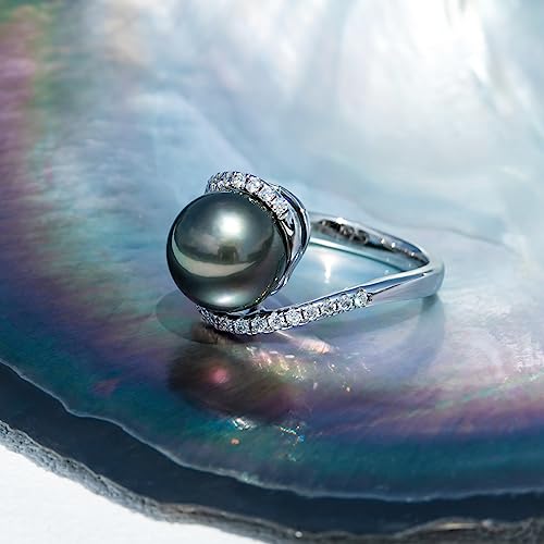 Genuine 10-11MM Tahitian Black Pearl Ring, AAA Quality Handpicked Nature Pearls with 0.36 cttw Moissanite,18 White Gold Plated Sterling Silver Ring3