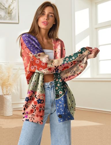 Image of YESNO Women's Fall V-Neck Cardigan Sweaters Casual Graphic Oversized Open Front Button Down Long Sleeves Knit Tops SCV