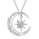 Palpitate Halskette mit Halbmond-Stern-Anhänger aus Sterlingsilber, für Damen, Geschenk, Schmuck für Geburtstag, Jahrestag, Weihnachten, verstellbare Kette, klein, Silber, Zirkonia