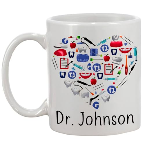 Custom Heart Dentist Coffee Mug, Personalized Name Heart Dentist Cup, Dentistry Graduate Gift, Mug for Dentists, Orthodontists, Dental Assistants, Dentist Tea Cup, White Ceramic Mug