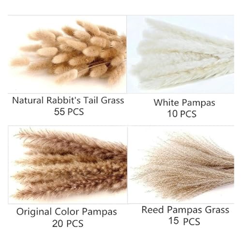 Image of TIED RIBBONS Set of 100 Pcs Natural Dried Pampas Grass Contains Real Rabbit Bunny Tail Reed Pampas - Boho Bouquet Artificial Flowers for Table Vase, Party Wedding & Home Decoration (17 inch Length)