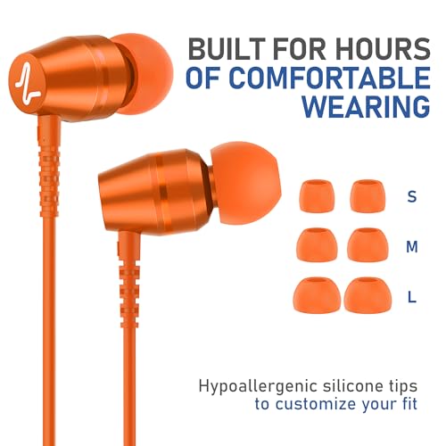Image of LUDOS OMNITONE Wired Earbuds in-Ear Headphones, 5 Year Warranty, Earphones with Microphone, 3.5 mm Jack Corded Ear Buds, Videoconference for iPhone, Samsung, Laptop, Kids, School Students - Orange