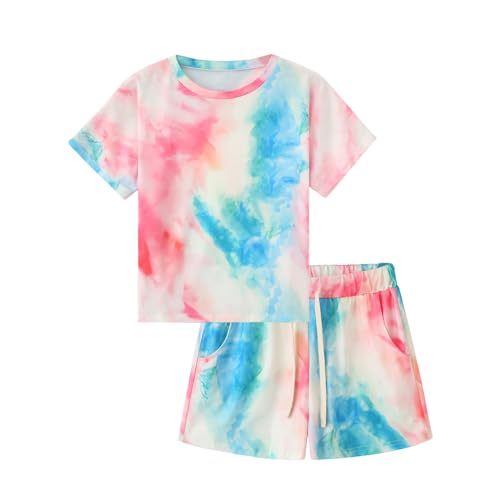 Image of Girls Short Sets Shorts and Crop Top Set, Short Sleeve T-Shirt and Shorts Summer Outfits for Girls Kids Tie Dye Shirt