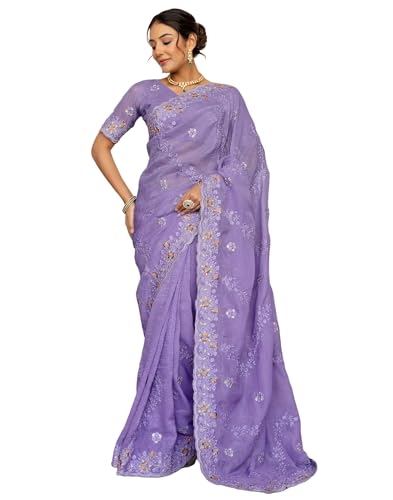 Image of SIRIL Women's Shimmer Chiffon Sequence Embroidery Saree With Unstitched Blouse Piece for Wedding and Parties