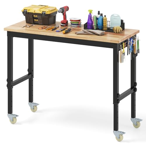 GYMAX höhenverstellbare Werkbank, 122 x 51 x 74-104 cm, Schwerlast-Werkbank mit Gummiholzplatte, 2 Lochplatten, max. Belastung. 1100kg,...