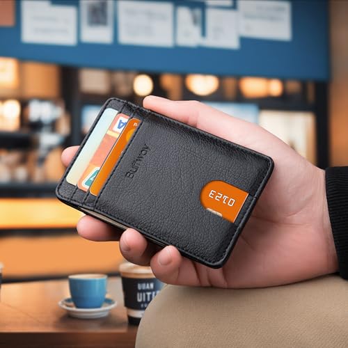 Image of Buffway Mens Slim Wallet, Minimalist Thin Front Pocket Leather Credit Card Holder with RFID Blocking for Work Travel | Minimalist