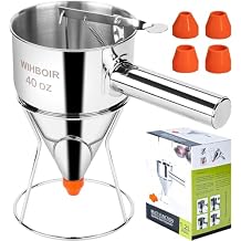 Stainless Steel Pancake Batter Dispenser with Squeeze Handle and Multi-Nozzle, for Pancakes, Cupcakes, and Baked Goods. 40 oz