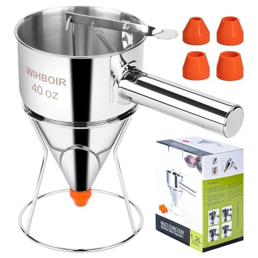 WIHBOIR Stainless Steel Pancake Batter Dispenser with Squeeze Handle and Multi-Nozzle, for Pancakes, Cupcakes, and Baked Goods. 40 oz