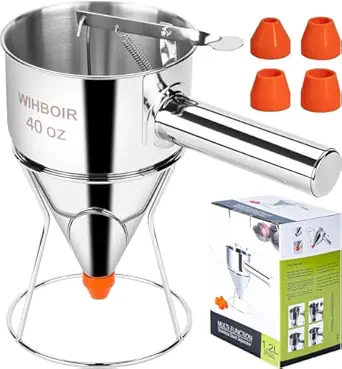 Stainless Steel Pancake Batter Dispenser with Squeeze Handle and Multi-Nozzle, 40 oz