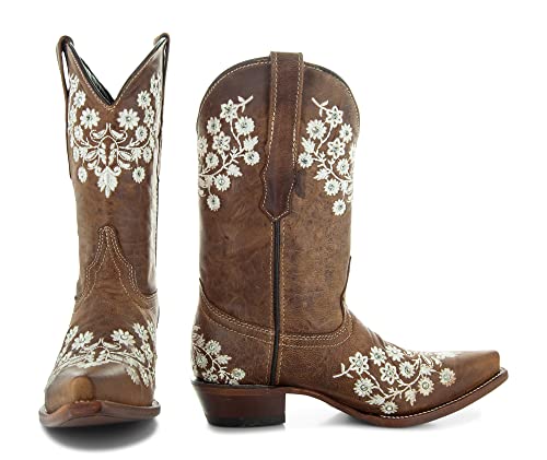 Soto Boots Women's Floral Embroidery Cowgirl Boots, Geniune Leather Handcrafted Boots M50059 Brown2