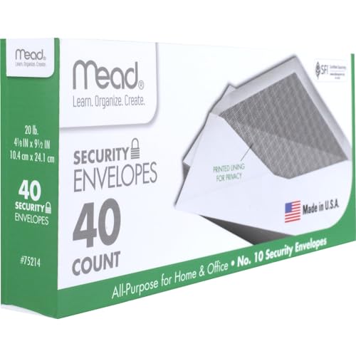 Mead #10 Envelopes, Security Printed Lining for Privacy, Gummed Closure, All-Purpose 20-Ib Paper, 4-1/8\" x 9-1/2\", White, 40 Letter Size Envelopes per Box (75214) (Pack of 2)