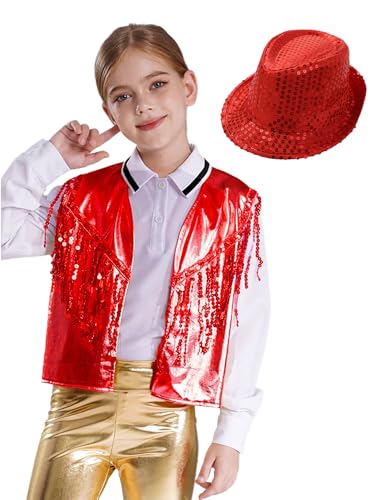 Girls Boys Ballroom Jazz Hip-Hop Dance Outfits Shiny Sparkle Sequins Jacket Vest Tops with Hat Sleeveless