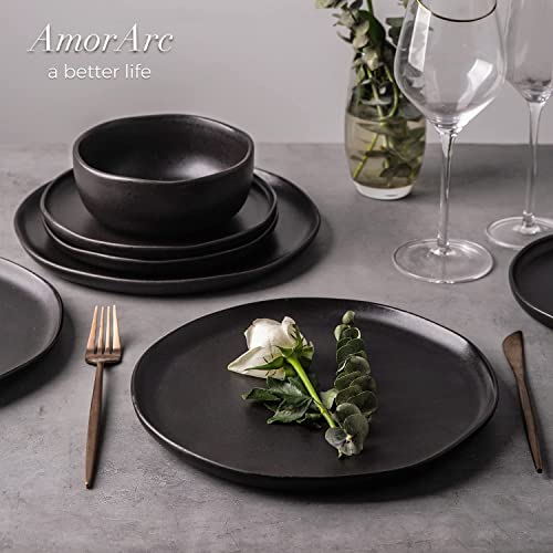 Amorarc Stoneware Cereal Bowls For Kitchen, 28Oz Large Ceramic Soup Bowls Set Of 4 For Meal, Chip-Resistant Kitchen Bowls With Wavy Rim, Reactive Glaze-Matte Black #TOP6