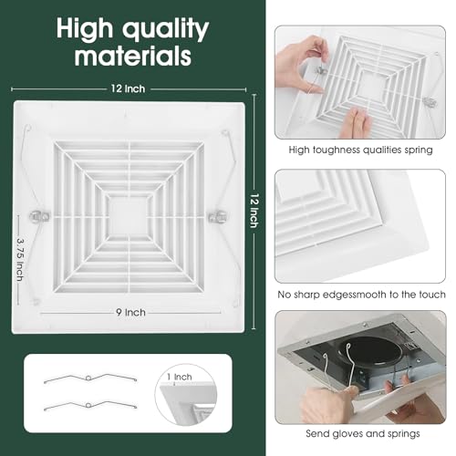 White-Cover-1-Piece-12-x12Inch-Bathroom-Exhaust-Fan-with-Spring-Suitable-for-Wall-Mounted-or-Ceiling-Square-Exhaust-Fan-Air-Diverter-Bathroom-Exhaust-Fan-Cover-Grille-Replacement-Accessory