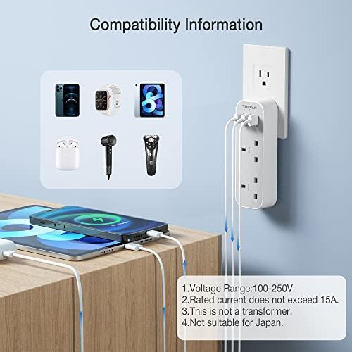 UK to US Plug Adaptor, TESSAN USA Travel Adapter with 3 USB, UK to USA Plug Adaptor, 5 in 1 American Plug Adaptor UK to US from UK to USA, America, Mexico, Canada, Thailand Type B Travel Adapter