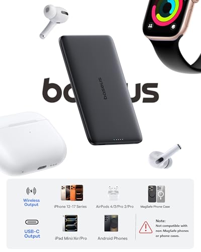 Image of Baseus Picogo Power Bank, 0.3 inch Ultra Slim 5000mAh MagSafe Portable Charger, Card-Size Magnetic Battery Pack with USB-C Braided Cable, Alloy Wireless Charger for iPhone 17 Pro Max /17 Air /16 /15 /14 /13 /12