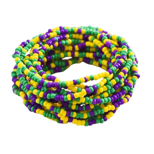QRH Mardi Gras Stackable Bracelets Set Mardi Gras Carnival Beaded Layered Bohemian Bracelets Handmade Green Yellow Purple Carnival Stretch Boho Bracelet Holiday Jewelry Gift