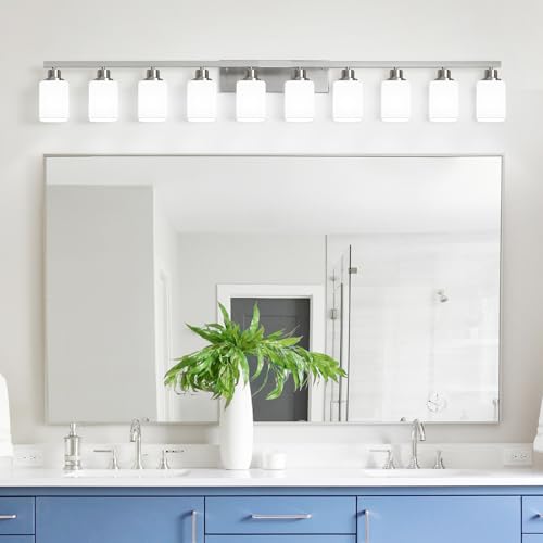 Image of 10-Light Bathroom Vanity Light Brushed Nickel,64.5in Vanity Lights with Square Frosted Glass,Modern Bathroom Wall Lights Fixtures Over Mirror,Wall Sconces Lighting for Bedroom Living Room,E26