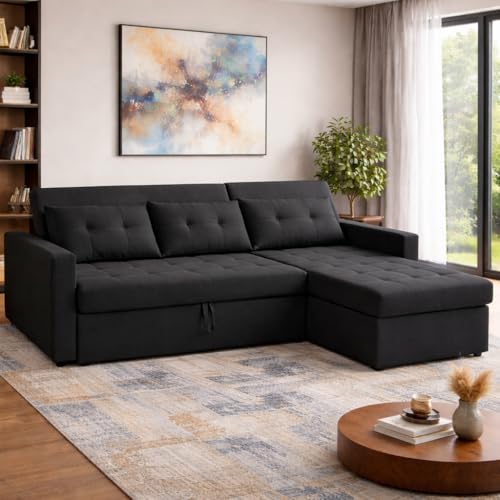 Image of Emilio 4 Seater RHS L - Shape Pull-Out Sofa Cum Bed Sofa for Living Room (Black Fabric Color) Premium Fabric Sofa Set for Living Room Sofa Cum Bed