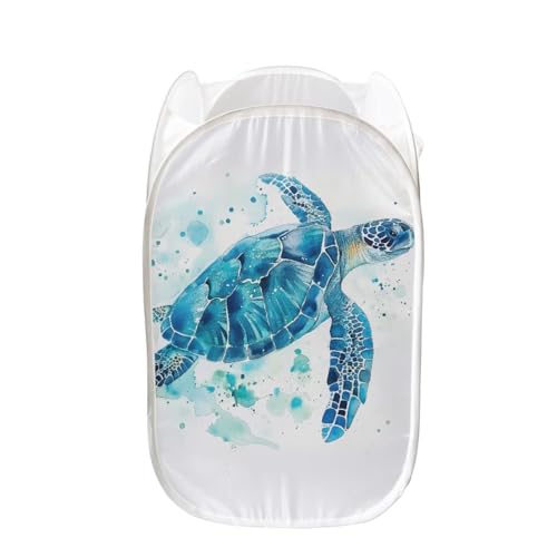 Forchrinse Blue Sea Turtle Mesh Pop-Up Hamper Foldable Laundry Basket with Side Pocket,Suitable for University Dormitory,Travel