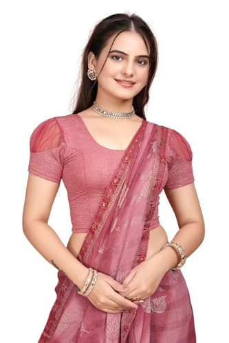 Image of SFT Women's Organza Patch Readymade Saree Blouse with Round Neck Half Sleeves Abstract Pattern Pull On Closure Regular Fit and Standard Length