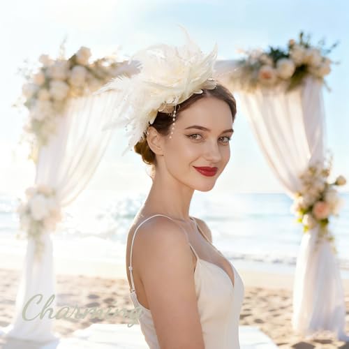 Image of DRESHOW Womens Fascinators Hats Tea Party Hats for Women Pearl Lace Feather Hat Vintage Derby Hats for Wedding Cocktail