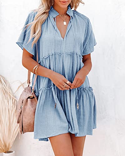 Dellytop Womens Drawstring V Neck Dress Ruffle Tiered Short Sleeve Babydoll Tunic Swing Sundresses2