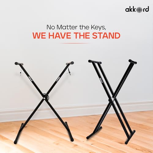 Image of Akkord Double X Adjustable Keyboard Stand for 61-Keys Keyboard - Foldable, Heavy-Duty Steel Frame, Non-Slip Rubber Caps, Secure Locking Pin, Height Adjustable for Digital Piano & MIDI Keyboards