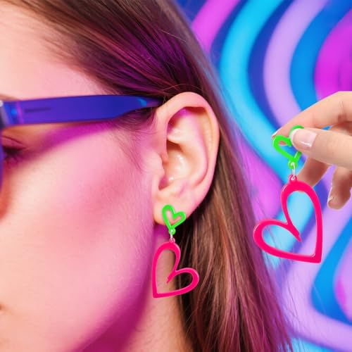 2 Pair Neon Heart Earrings, Acrylic Neon 80s 90s Outfit for Women, Glow Party Accessories Gifts Hot Pink & Yellow2